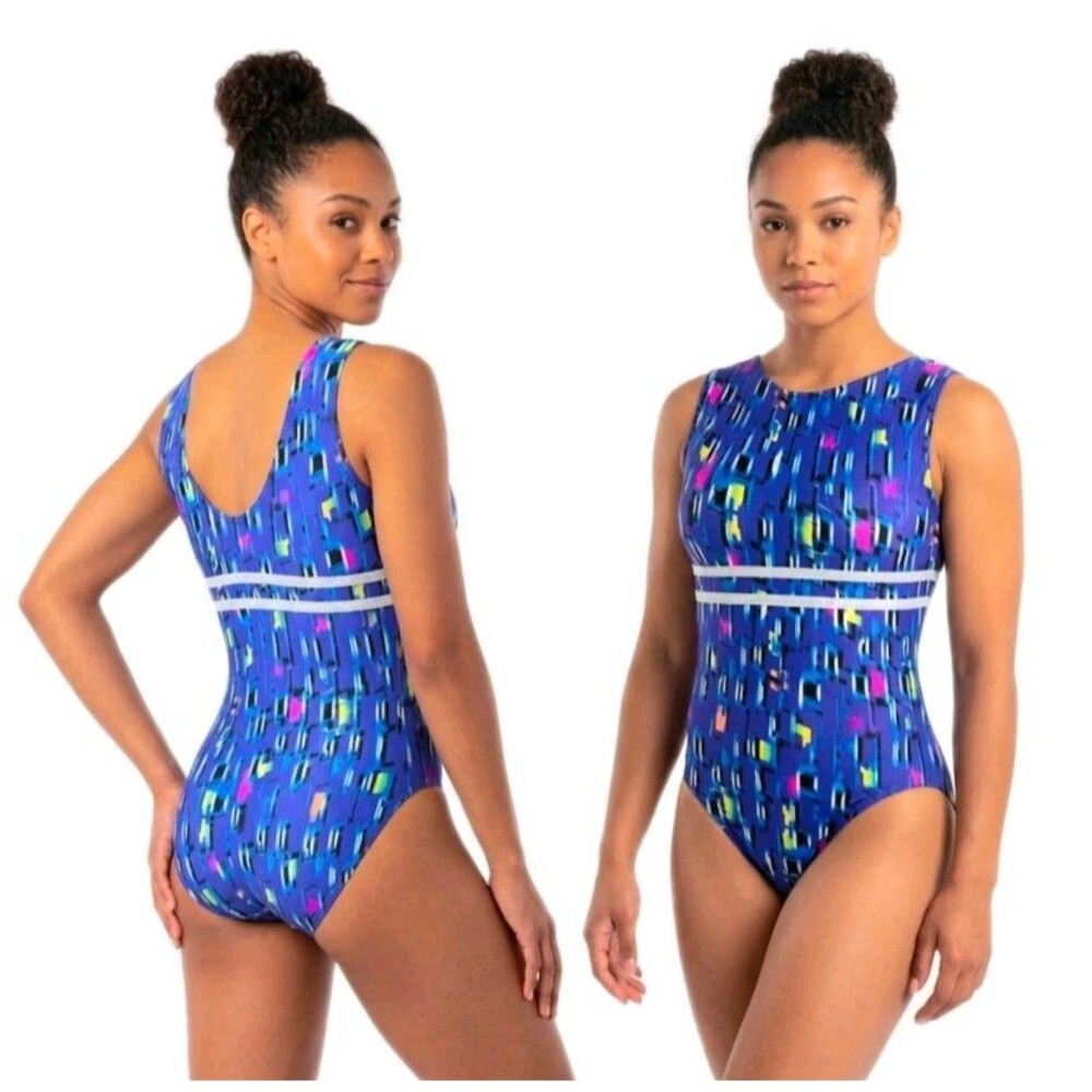 GK Elite 90s Geometric Blue Colorblock Tank Leotard Sparkle Trim Size AL